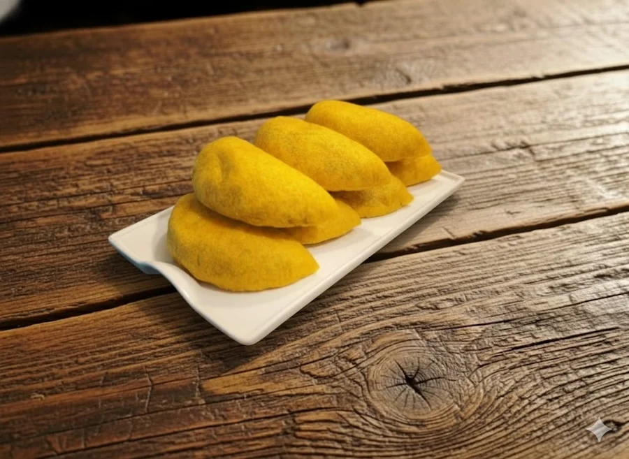 Cuatro empanadas amarillas en un plato blanco sobre una mesa de madera.