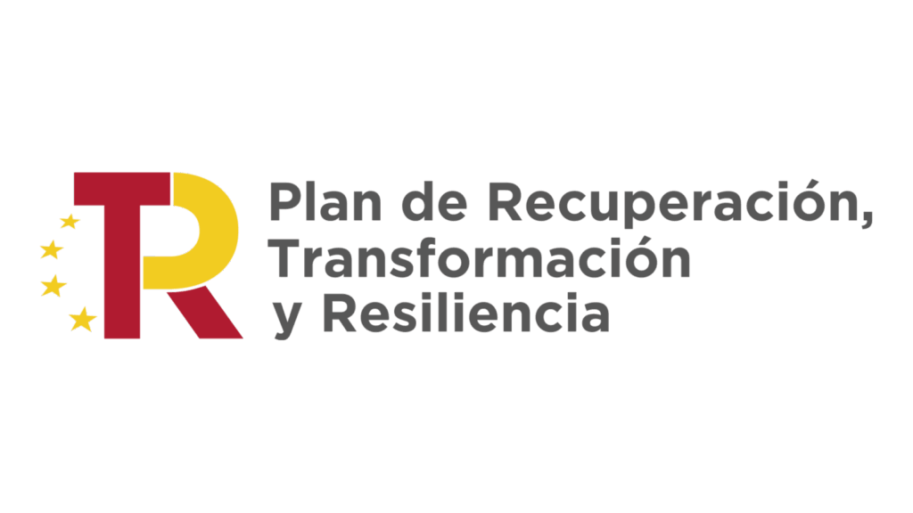 Logotipo del Plan de Recuperación, Transformación y Resiliencia, con letras R y T en colores rojo y amarillo.