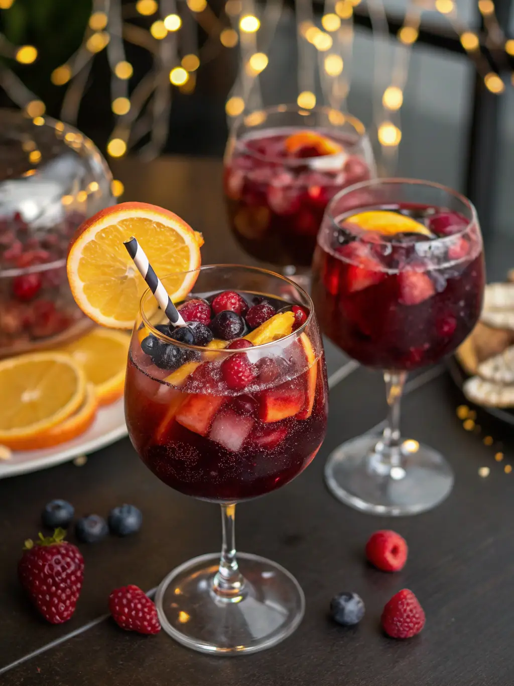 A refreshing image of a vibrant red sangria in a glass, garnished with fresh fruit, capturing the essence of a traditional Spanish beverage served at Bar El Paso Bilbao.